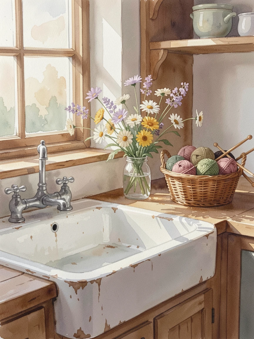 A country kitchen with a farmhouse sink and fresh flowers with a basket of yarn and knitting needles.