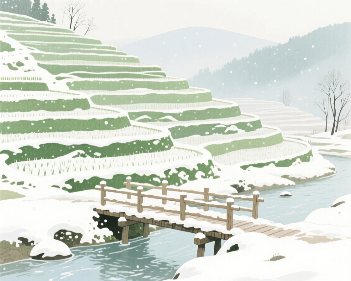 A breathtaking view of a terraced rice field during a gentle snowfall, with a small wooden bridge crossing a stream