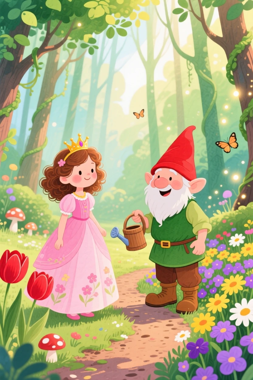 A little princess with a golden crown meeting a cheerful gnome gardener in an enchanted forest.