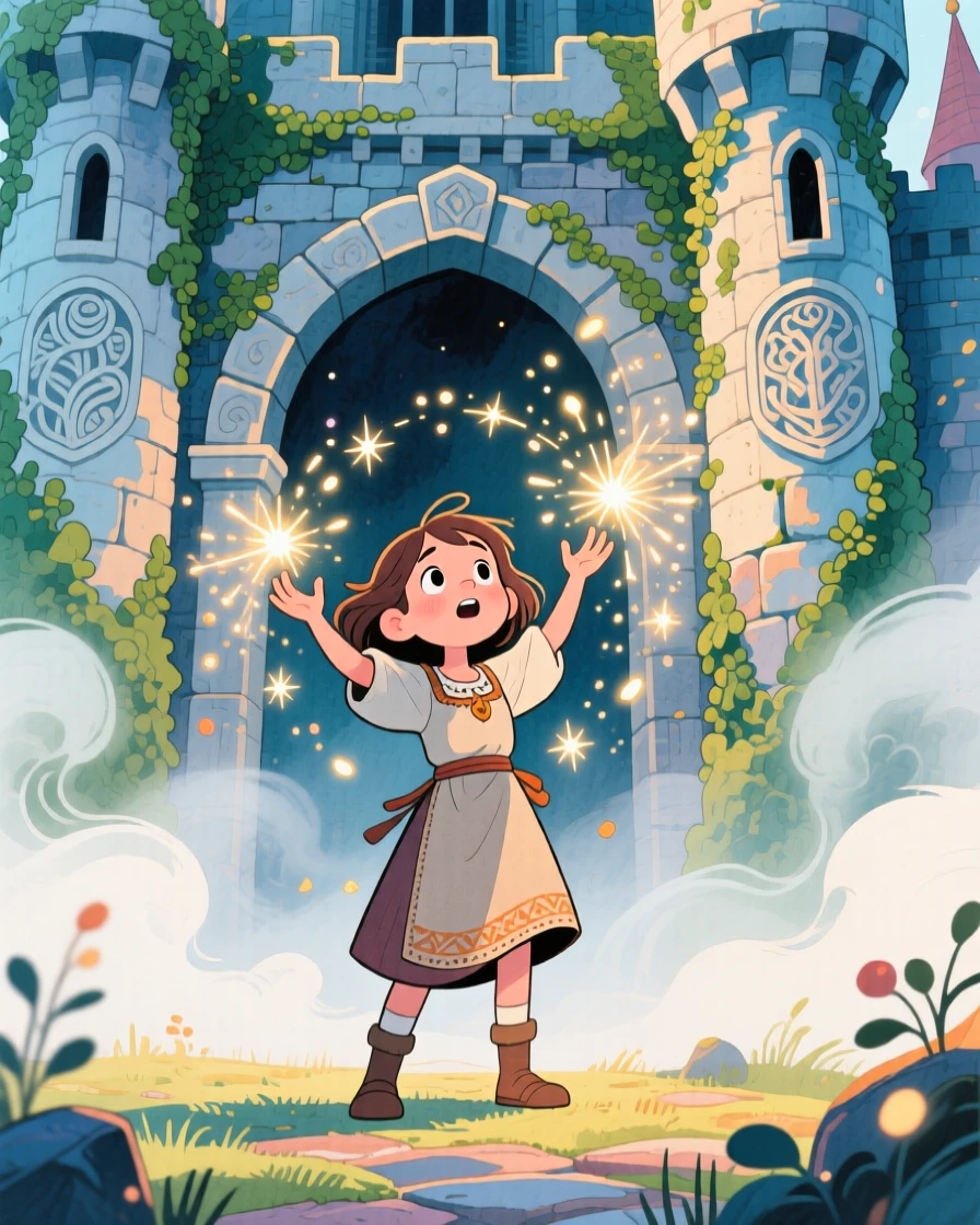 A brave village girl turned hero casting a spell that fills the air with sparkling light, in an ancient castle wrapped in mist, filled with wonder and magical excitement.