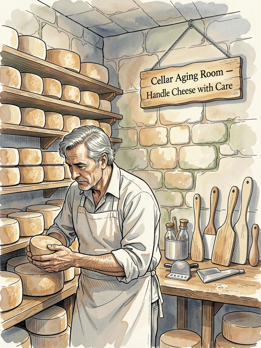 A cheese maker checking wheels of aging cheese in a cool stone cellar, the setting filled with the tools and textures of the craft.