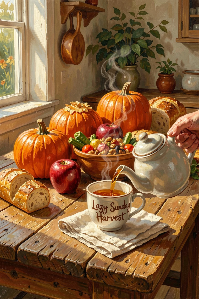 On a sunlit kitchen counter, a farmhouse table set with a rustic harvest feast, a hand reaching to pour a cup of tea, on a lazy Sunday afternoon.