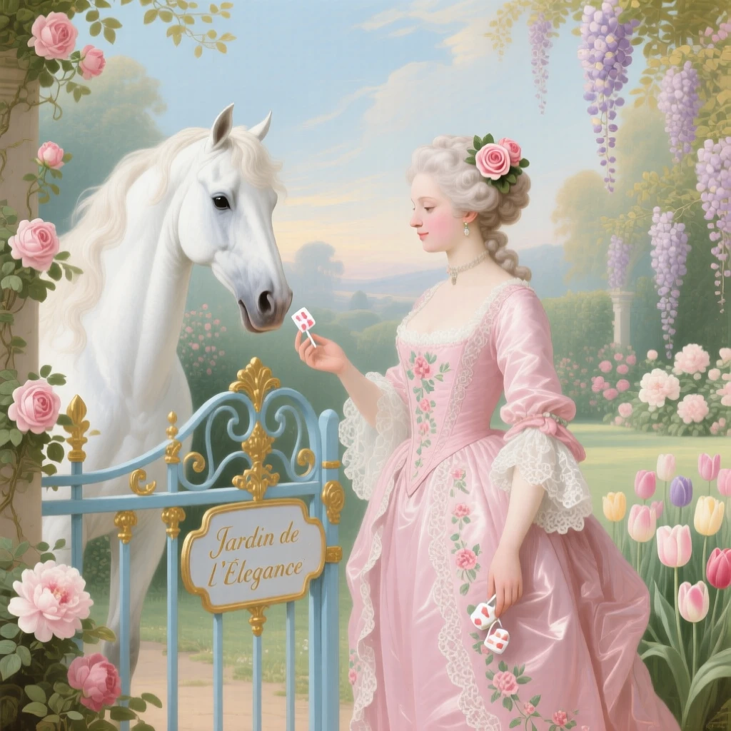 A lady offering sugar cubes to a white horse beside a garden gate  
