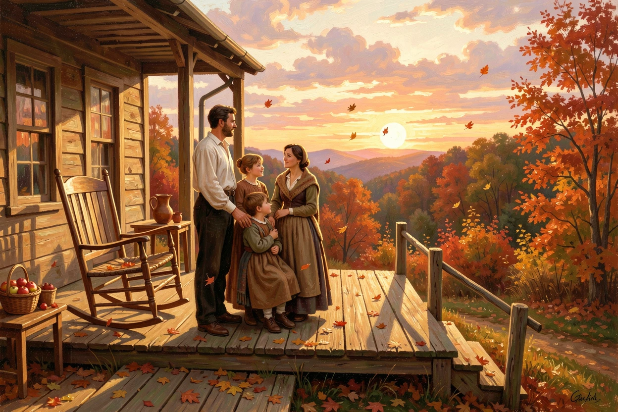 A young family watches the sunset from a sunlit farmhouse porch as autumn leaves drift down.