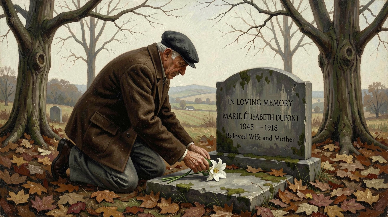 An elderly man visiting his wife's grave, laying down a single flower, as the setting itself echoes the emotional weight of the scene, designed to inspire and uplift anyone who views it