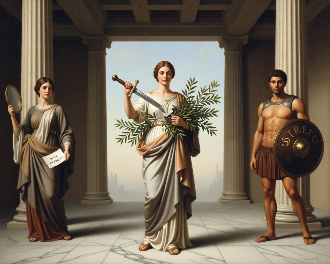 The allegory of Peace breaking a sword over an olive branch in a gesture that speaks to all of humanity, set within a classical temple open to the heavens, with allegorical attendants representing virtues gathered nearby; the composition balances opposing symbolic elements on either side of the central figure, radiating timeless wisdom and moral clarity.