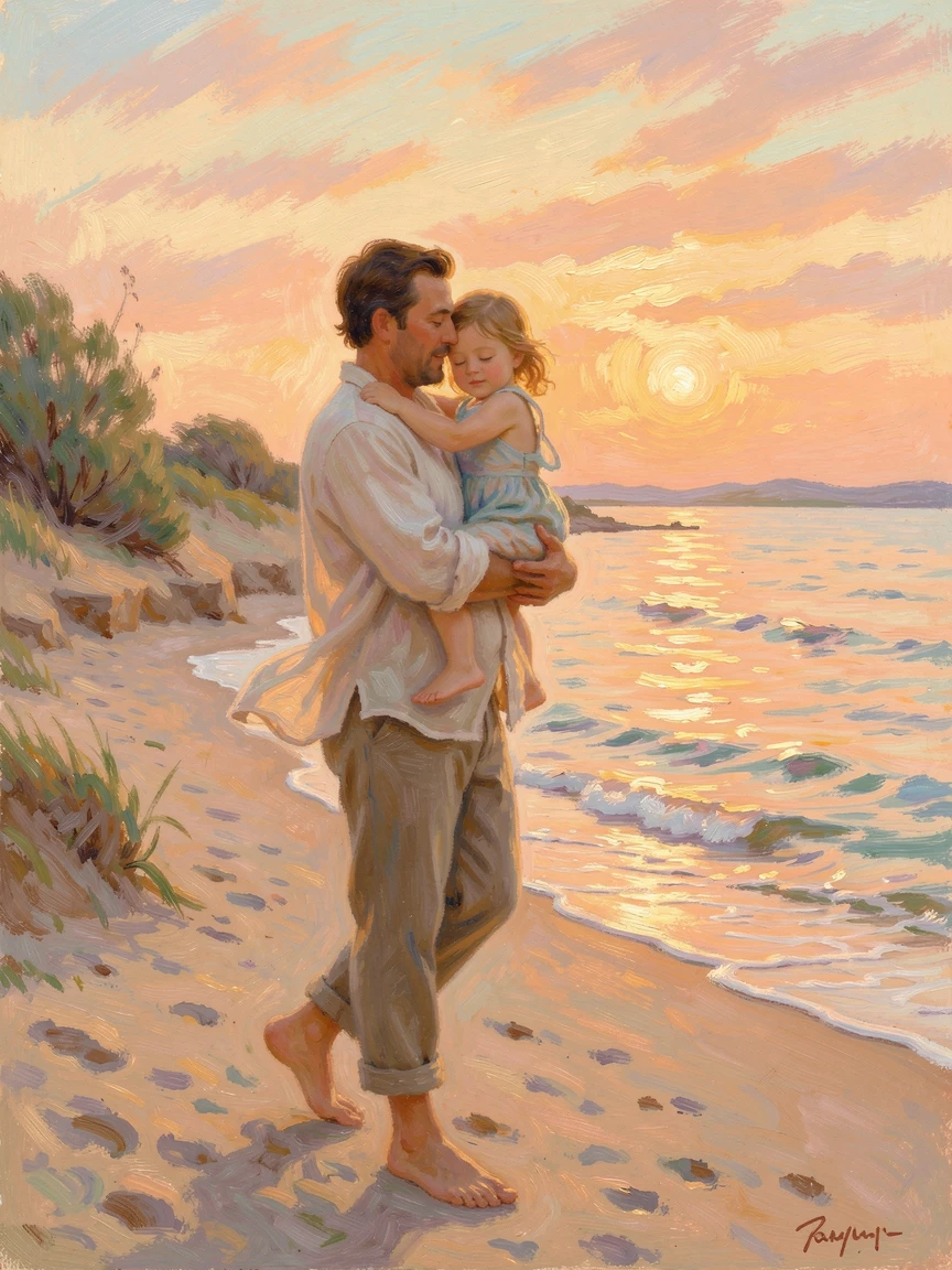A father carrying his sleepy daughter home from the beach at sunset, her arms wrapped around his neck, capturing a moment of quiet intimacy.