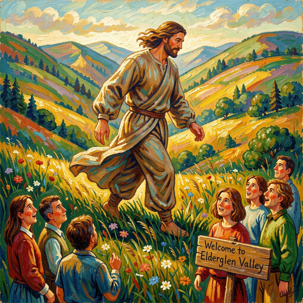 A wandering giant striding gently across a valley as villagers watch in wonder.