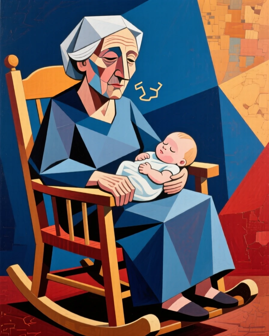 A grandmother rocking gently in a chair while humming to a sleeping infant.