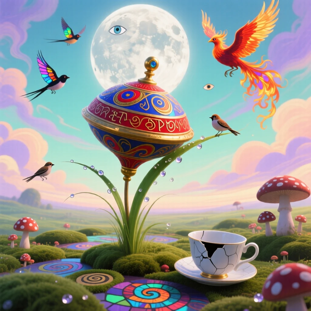 A giant spinning top balanced impossibly on a single blade of grass sits abandoned beneath a sky streaked with soft pastel clouds, as birds circle curiously around its towering form.