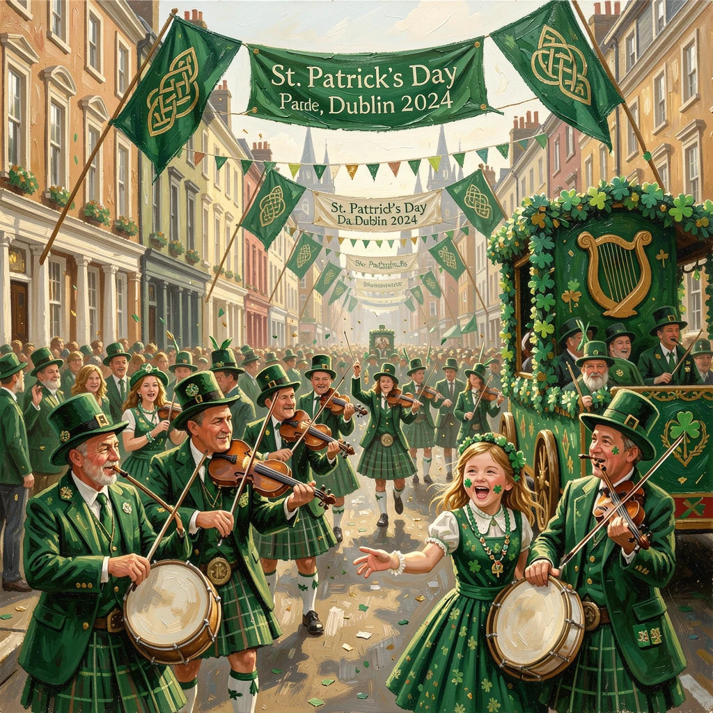 A traditional Irish St. Patrick's Day parade fills Dublin's streets with green-clad crowds and traditional Celtic music beneath fluttering flags, the scene capturing a fleeting, candid moment within a larger ongoing celebration.