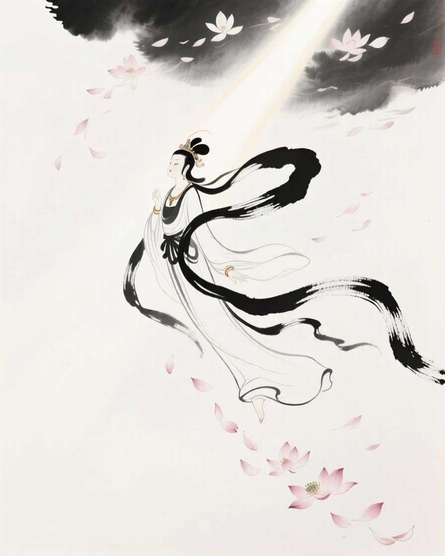 A celestial figure descends from the heavens on a beam of light, as petals drift down from an unseen source above.