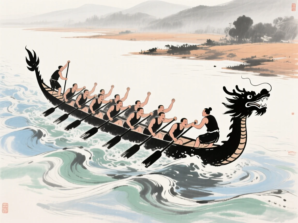 A dragon boat race with rowers straining against a swift river current, suffused with quiet joy.