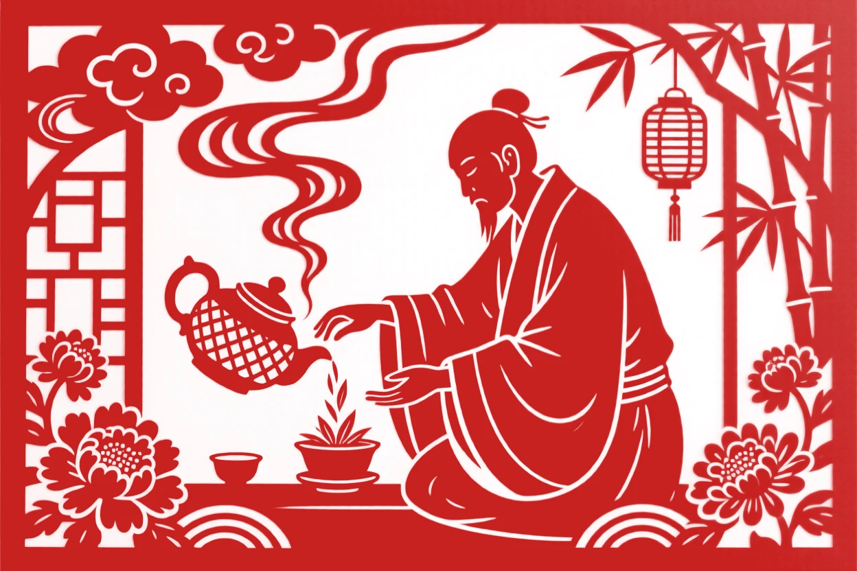A tea master pouring hot water over leaves in a clay pot, steam rising as he prepares an afternoon brew