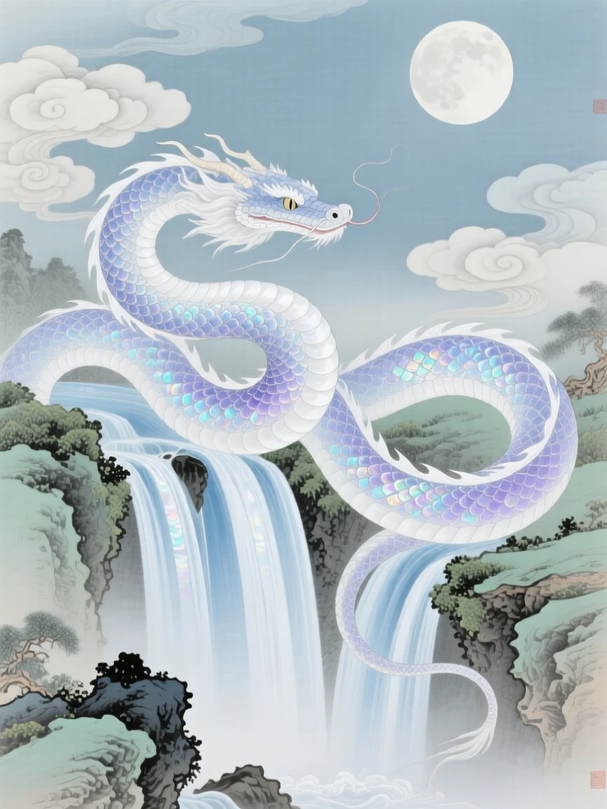 A cloud serpent with pearlescent scales beside a waterfall glowing with moonlight