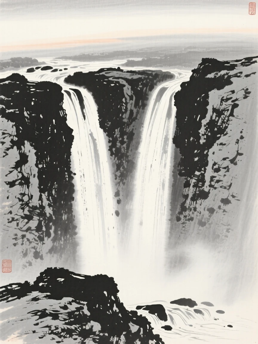 Twin waterfalls plunging side by side into a rocky basin at first light, when the world is still hushed and grey, viewed from a high vantage point looking down across the whole scene, evoking a deep sense of solitude and quiet grandeur.