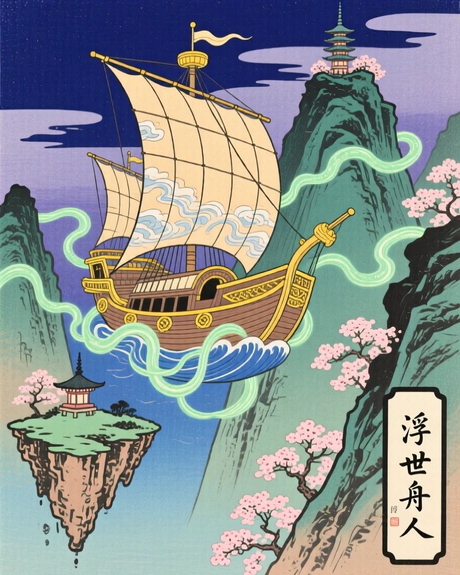 A sky ship sailing between floating mountains, beneath a canopy of luminous vines.