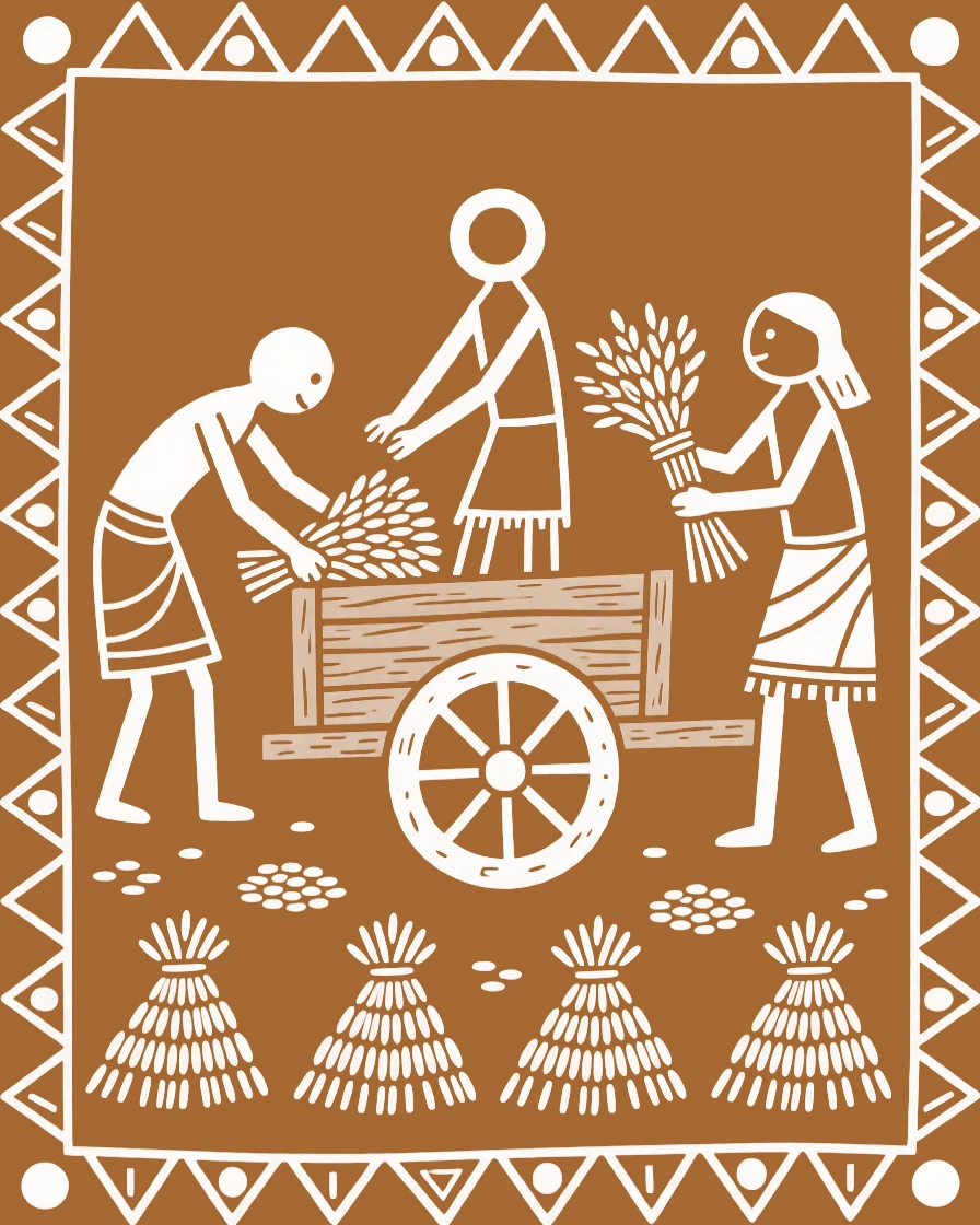 A farming family loading a cart with the season's harvest.