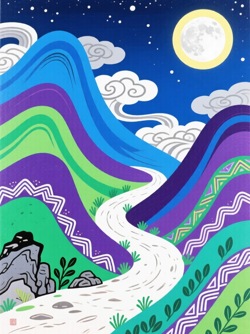 A view of a winding mountain path beneath drifting clouds lit by moonlight.
