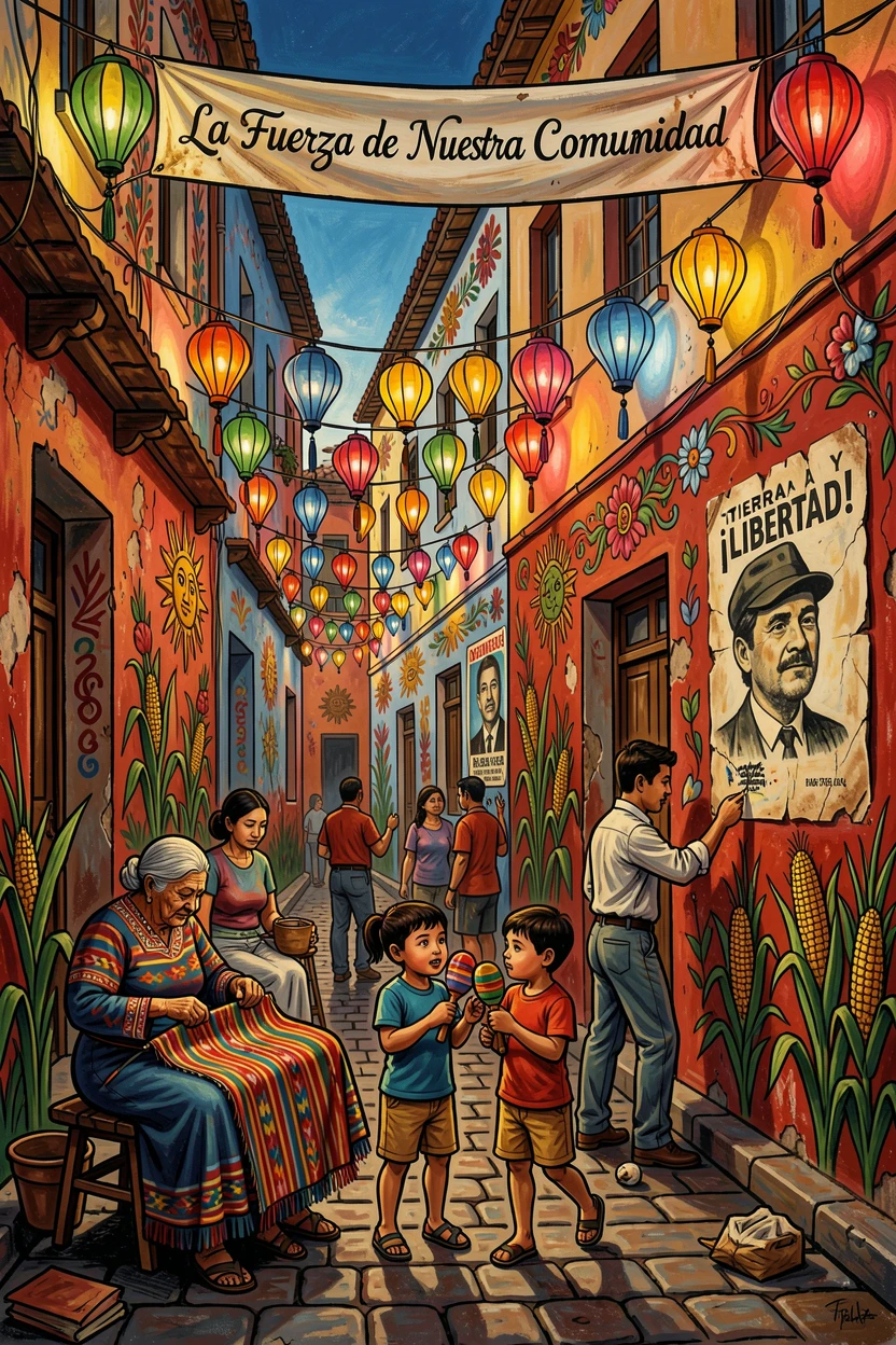 A quiet alley decorated with strings of colorful lanterns