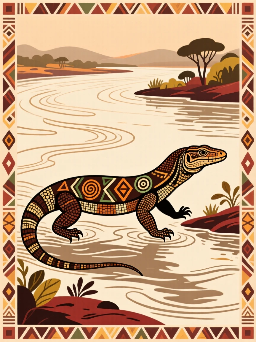 A monitor lizard crossing a wide river.