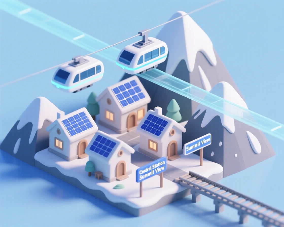 A futuristic mountain village with solar-paneled roofs and hover trams gliding between snow-capped peaks.