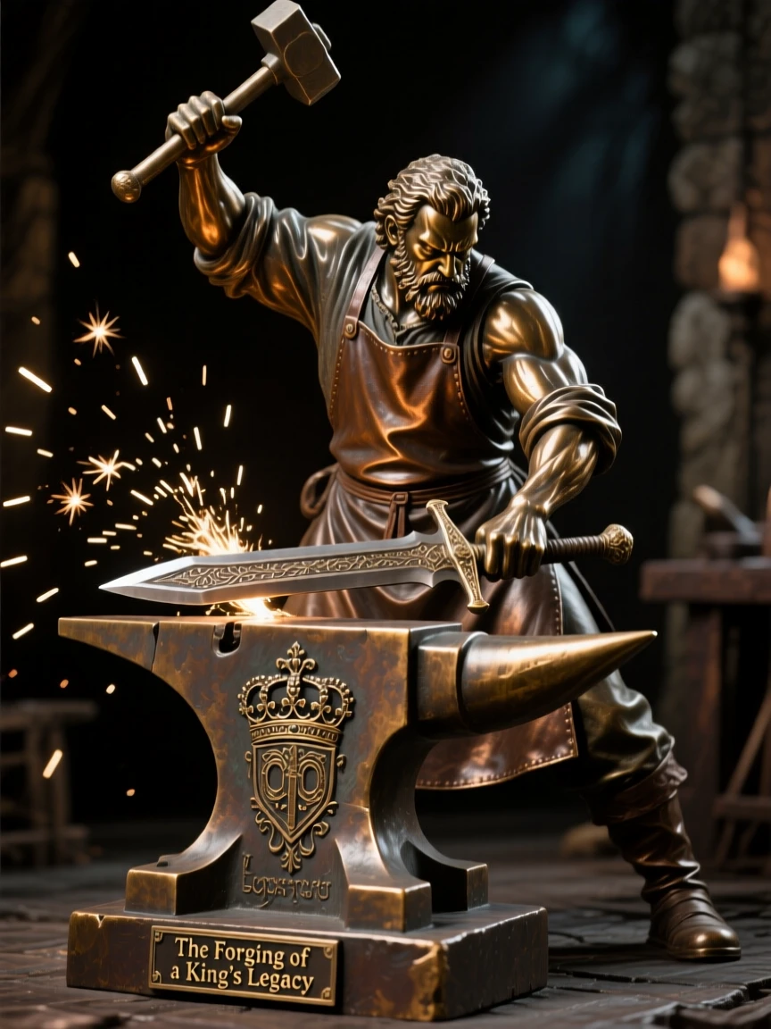 A legendary blacksmith forging a king's sword, rendered with epic, cinematic composition, evoking legend and timeless drama
