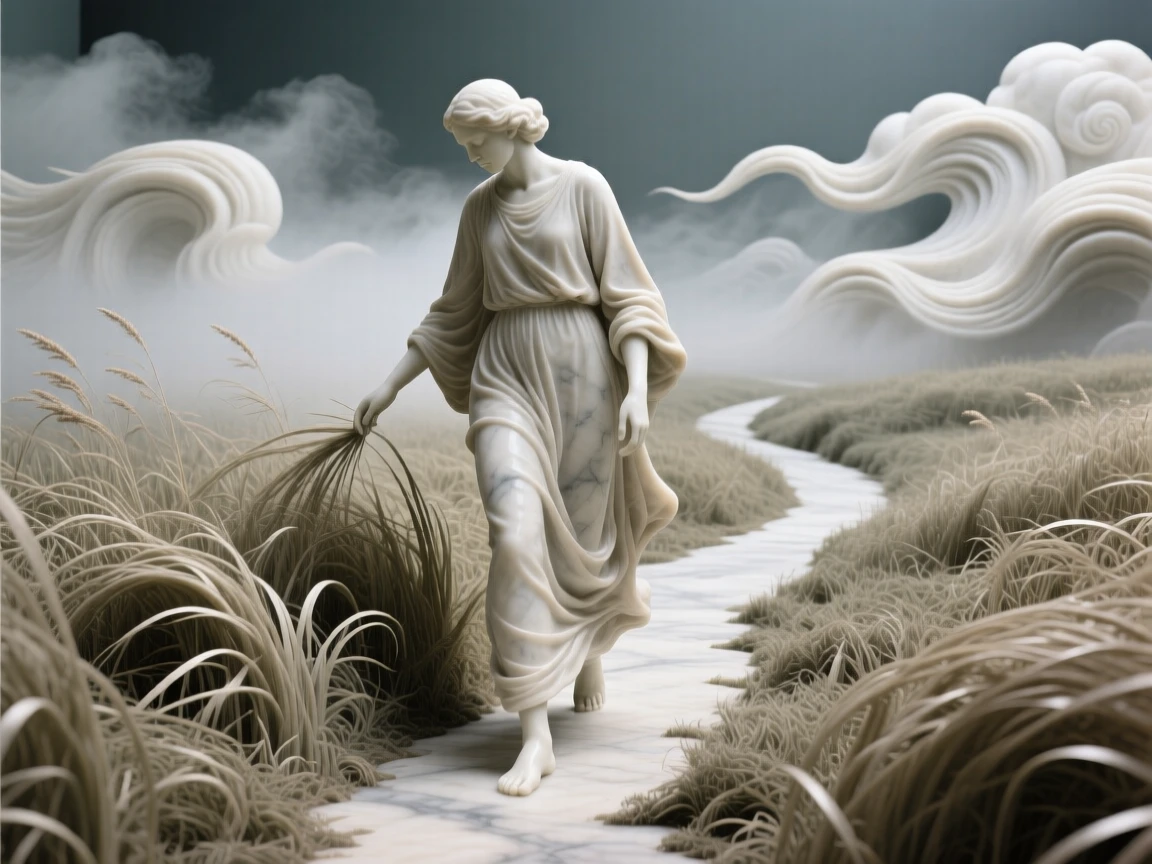 An evocative depiction of a lone wanderer walking a path through tall grass, amid swirling clouds and mist, balancing detail with emotional depth