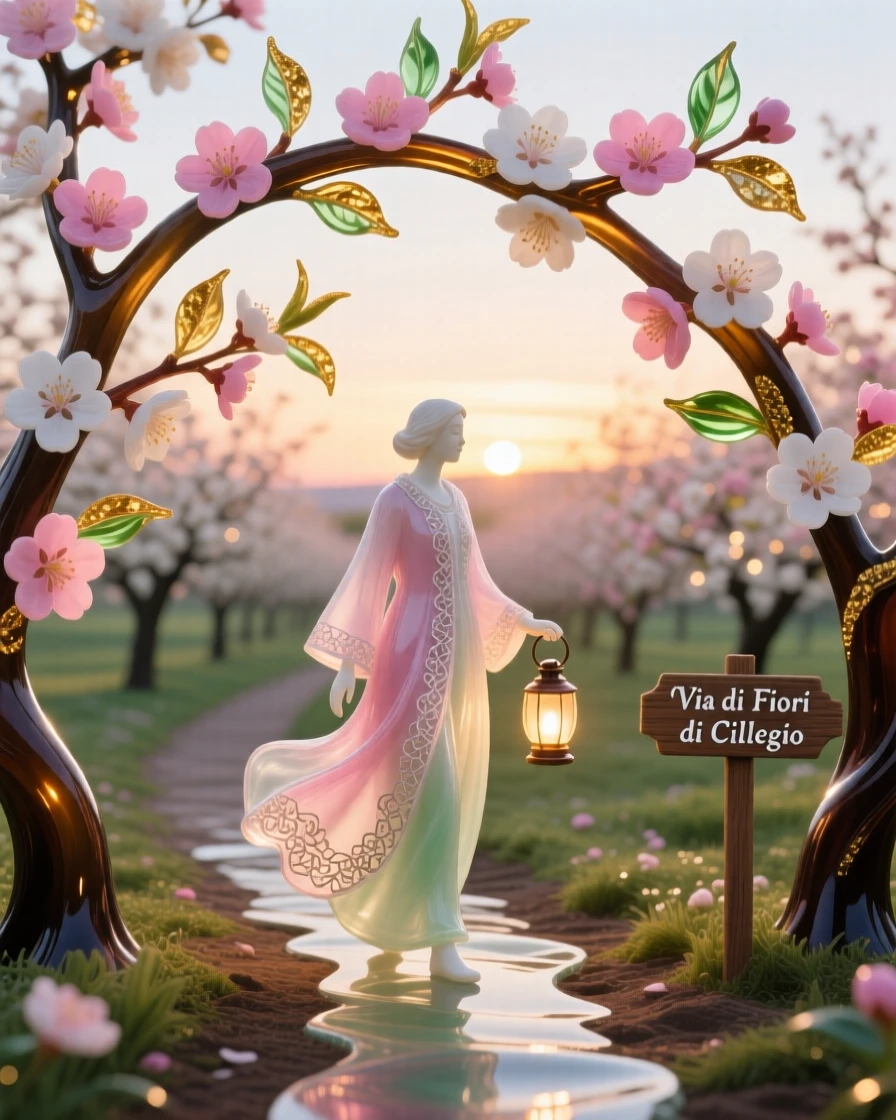 A lone traveler crossing a blossoming cherry orchard path at the very first light, peaceful and picturesque.