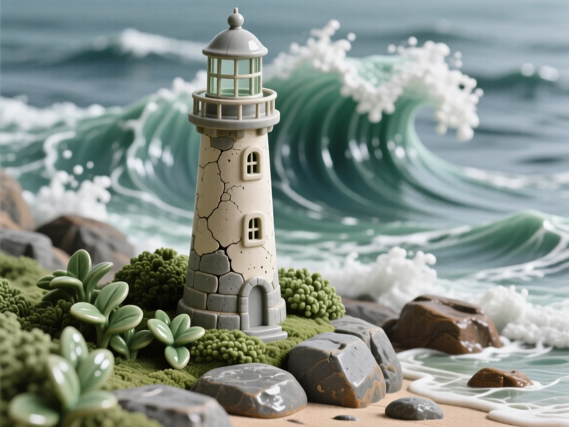 A lighthouse standing against crashing waves nestled peacefully amid lush greenery, with weathered stone showing centuries of history, radiating peaceful, storybook charm.