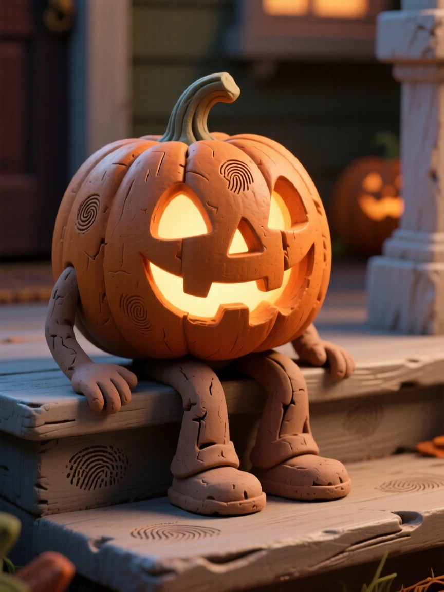 A Halloween pumpkin carved and glowing on a porch step