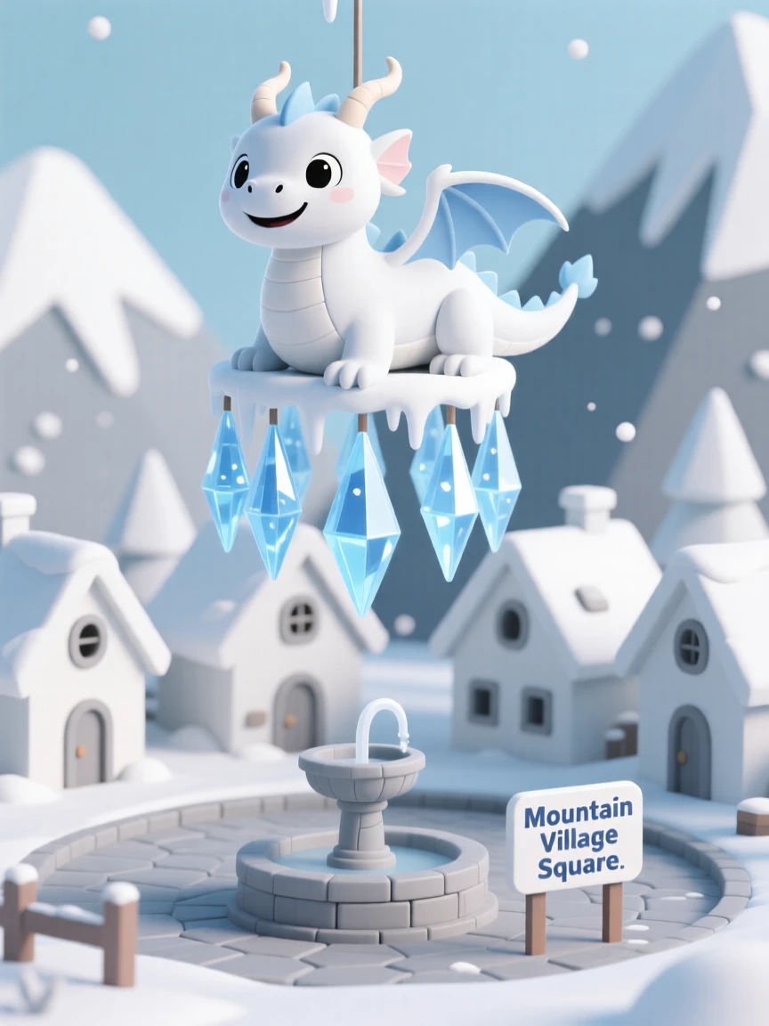 A cheerful snow dragon shapes delicate icicles into a glittering chandelier above a mountain village square.