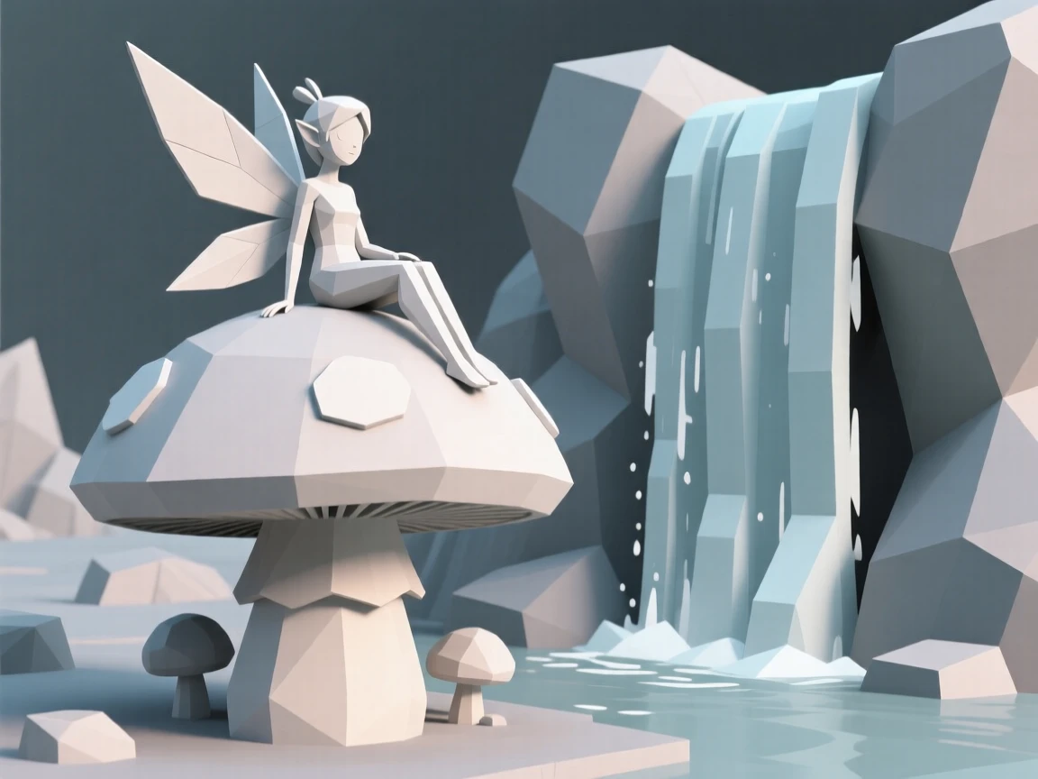A fairy resting on a giant glowing mushroom, beside a waterfall that glows with soft light. the scale of the scene emphasizes its grandeur. The moment feels suspended between worlds.
