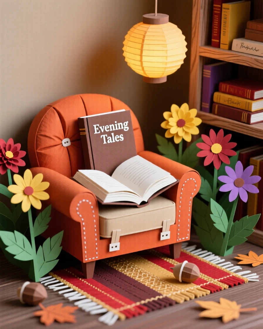 A cozy autumn evening reading corner surrounded by fresh blooming flowers, with soft natural textures throughout the scene, conveying gentle self-care and calm.