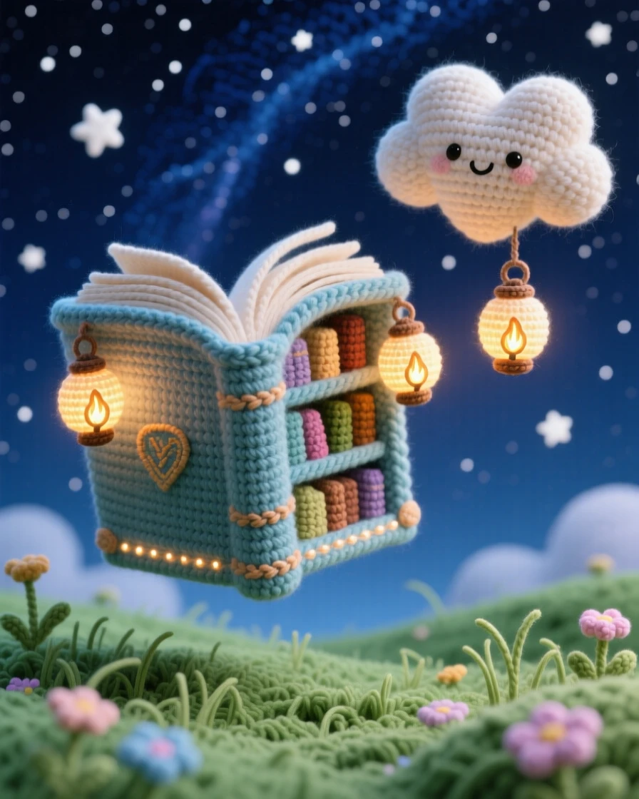 An imaginative scene of a small floating library shaped like an open book with glowing page-lanterns, drifting slowly through a starry sky tucked within a quiet, dreamlike meadow; a single drifting cloud shaped like a heart nearby, full of a dreamlike, storybook charm.