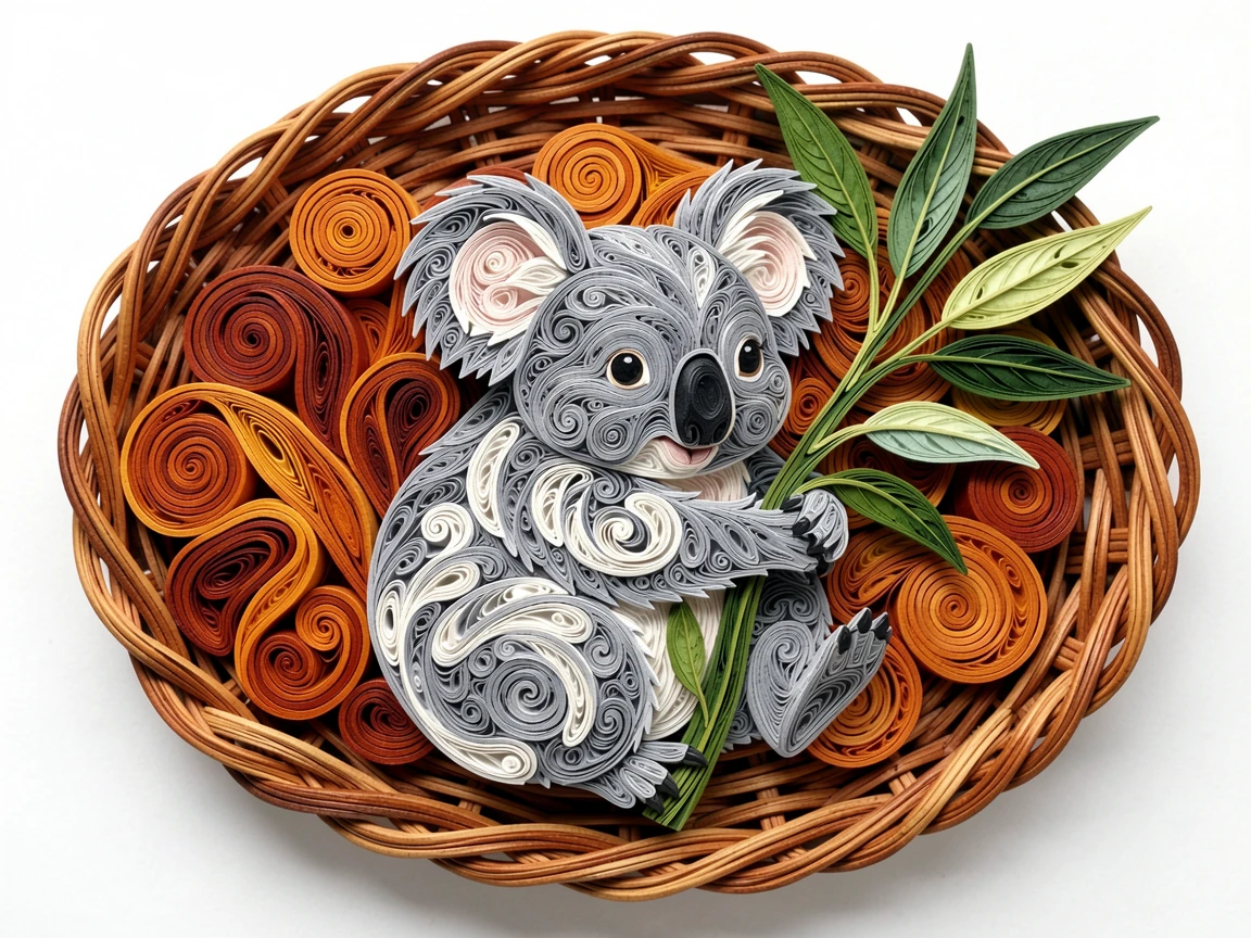 a plump koala hugging a eucalyptus branch, inside a wicker basket lined with soft blankets, shown from a gentle overhead perspective, in cozy autumn tones of amber and rust.