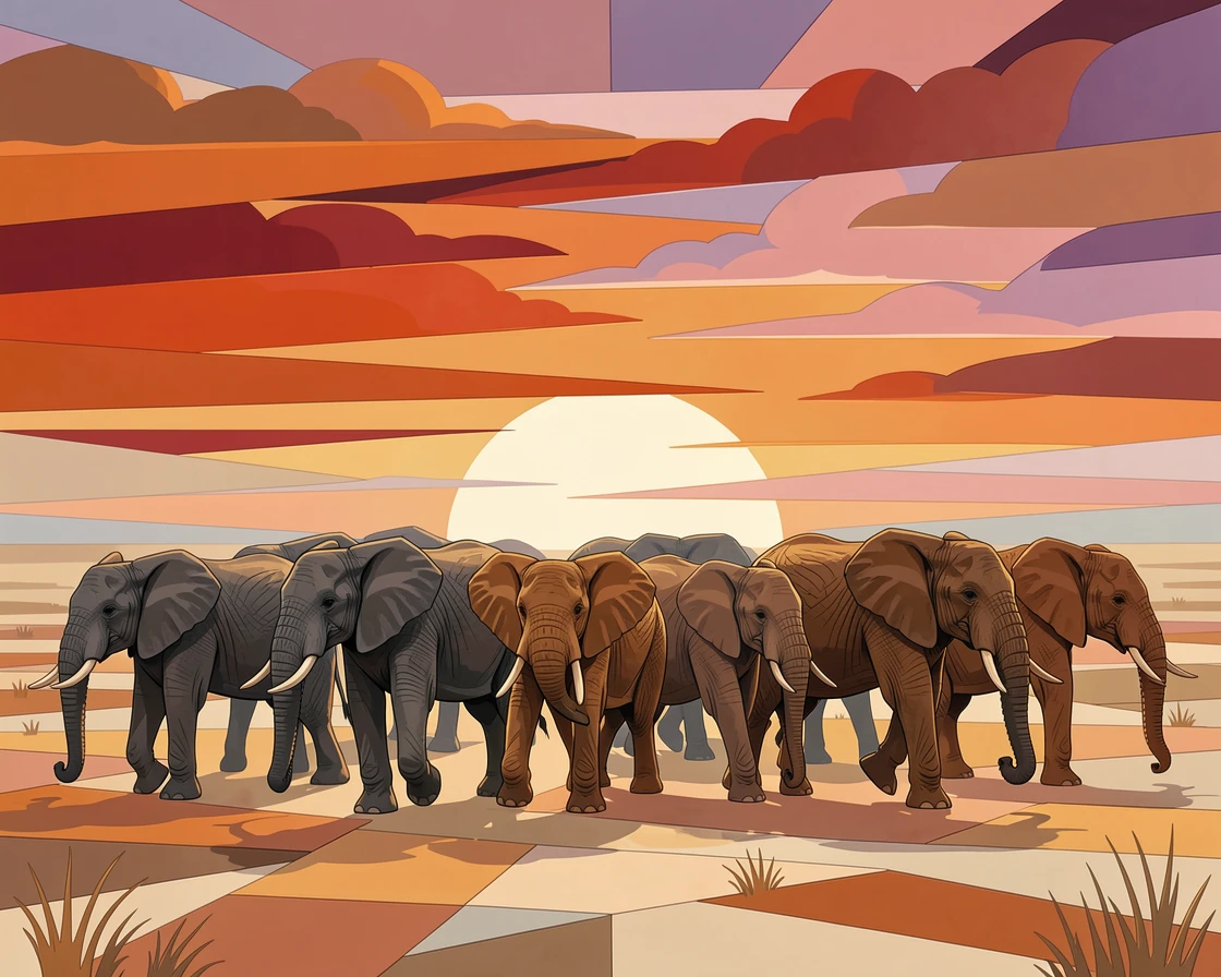 A herd of african elephants crossing a dusty plain at sunset, captured in soft natural light with a shallow depth of field.