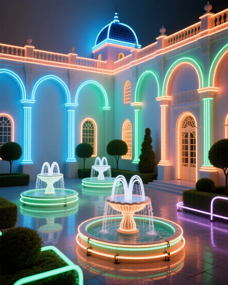 A grand palace courtyard filled with fountains and manicured hedges.