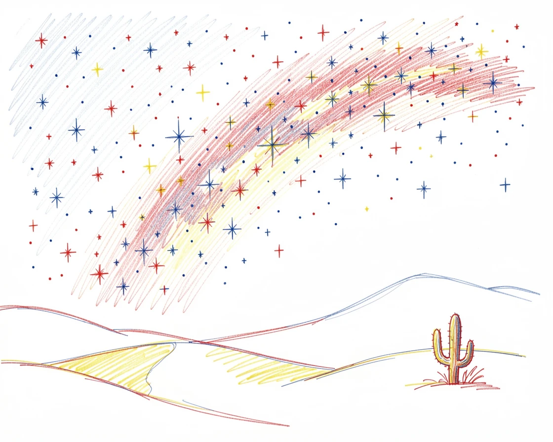 A vast star field with the Milky Way arching over a quiet desert