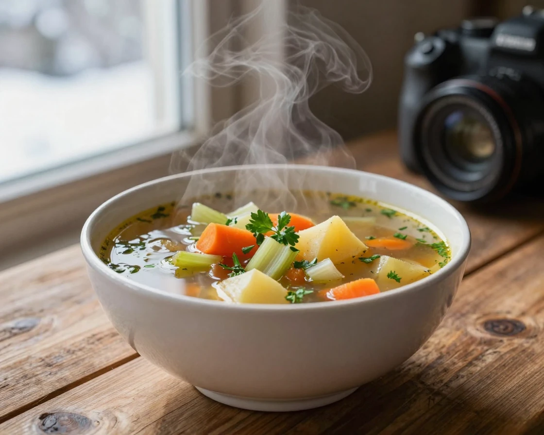A steaming bowl of soup on a cold winter day