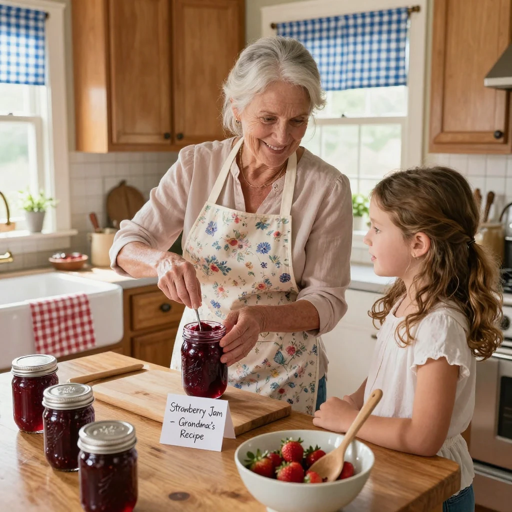 A grandmother shows her granddaughter how to can homemade jam in mason jars.