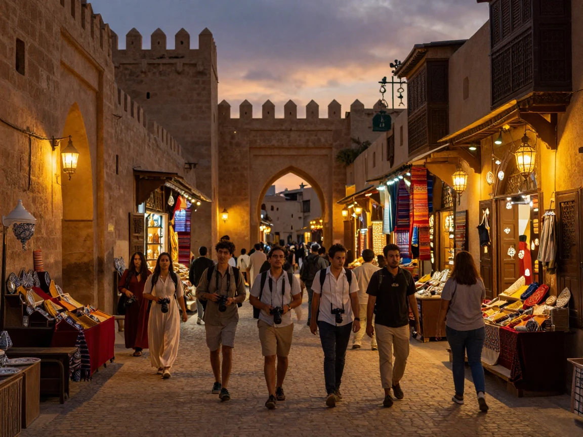 Travelers exploring a walled medieval city glowing at dusk within a bustling Moroccan medina
