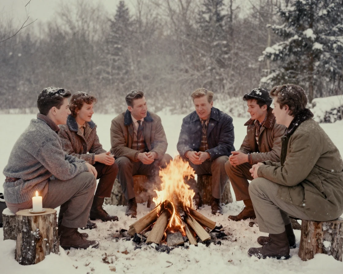 A group of campers gathered around a fire telling stories, under flickering candlelight, amid gently falling snow, under the first snow of winter, in soft muted pastels, from a three-quarter angle.