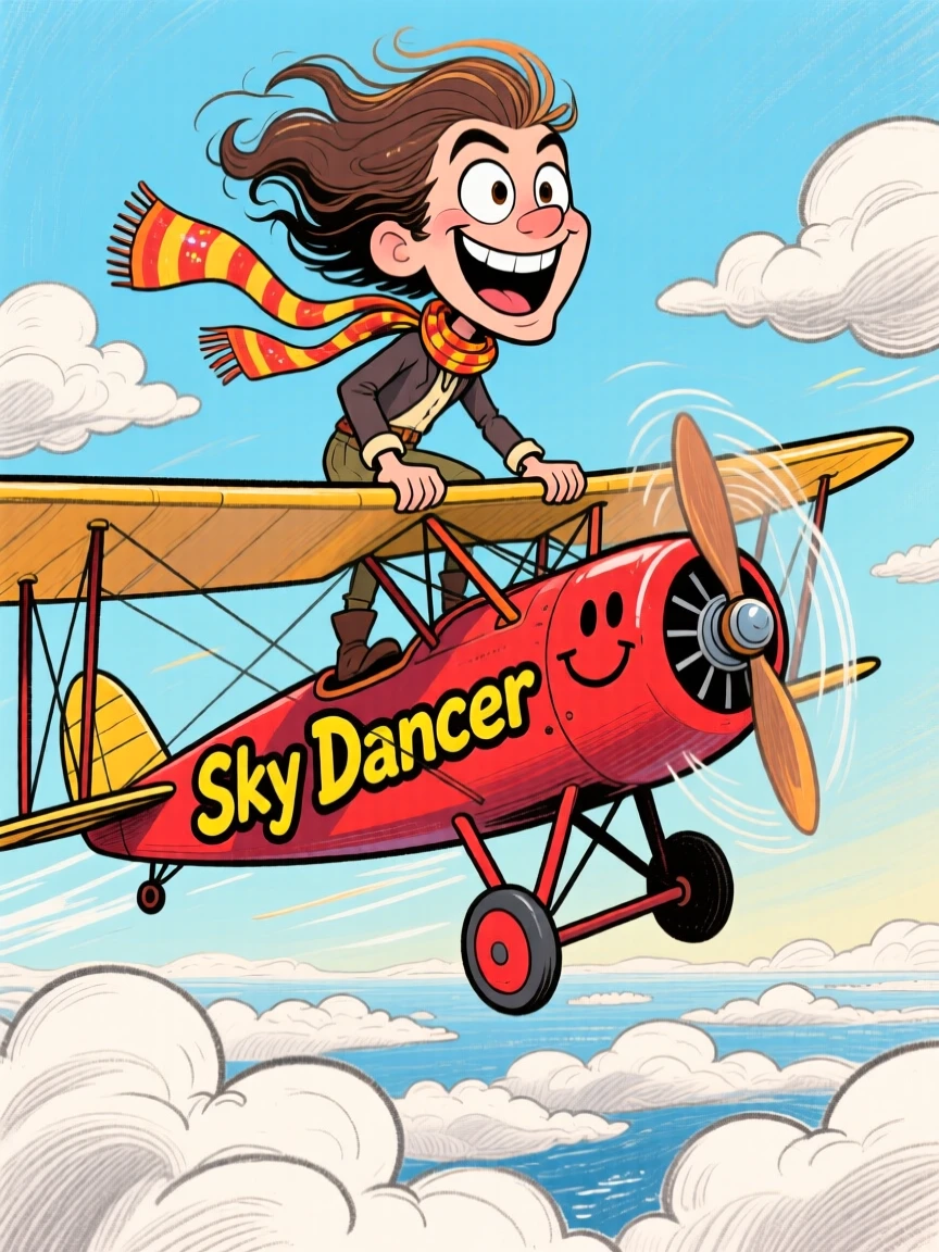 A daring wingwalker standing atop a biplane's wing high above the clouds.