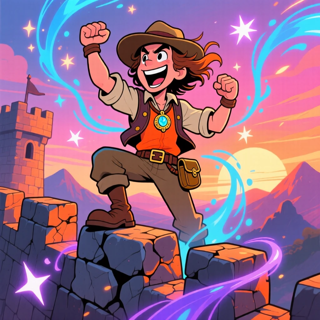 An imaginative fantasy scene of a fearless treasure hunter standing triumphantly atop a castle wall at sunrise, as sparks of magic swirl through the air.