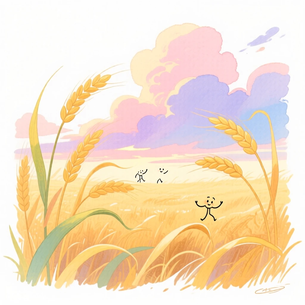 A serene landscape of a golden wheat field swaying under a dramatic sky under a pastel dawn sky