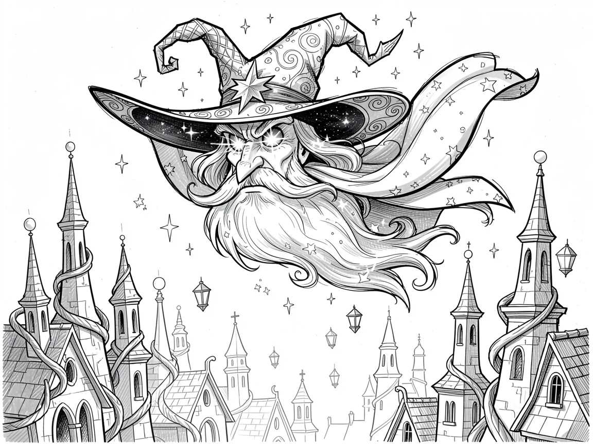 [Fantasy & Imaginative Scenarios] Imaginative fantasy scene of a valiant star sorcerer soaring above an ancient enchanted city, brimming with wonder