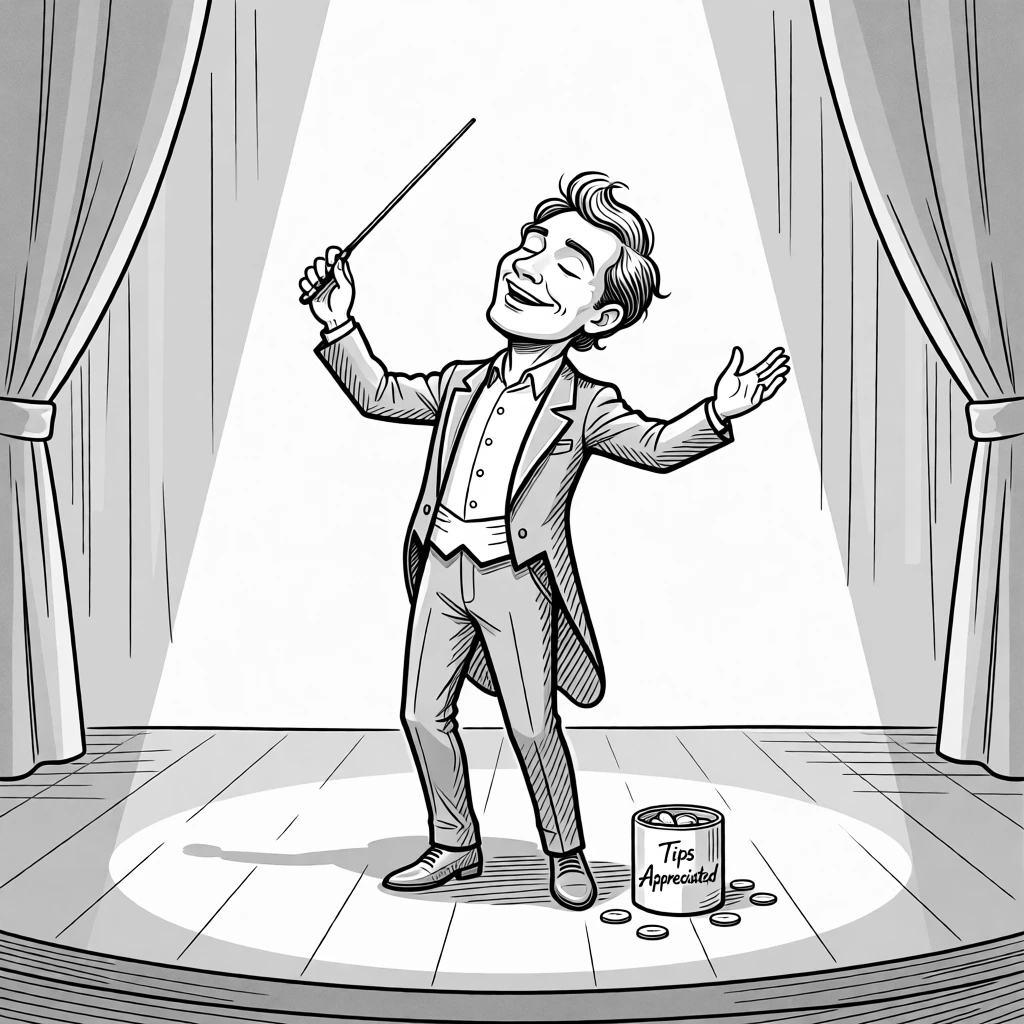 A conductor waving his baton with theatrical intensity, closing eyes completely, swaying with the bow, set on a grand theater stage under a single spotlight. A tip jar sits nearby with a few scattered coins. It radiates the joy of losing yourself completely in sound.