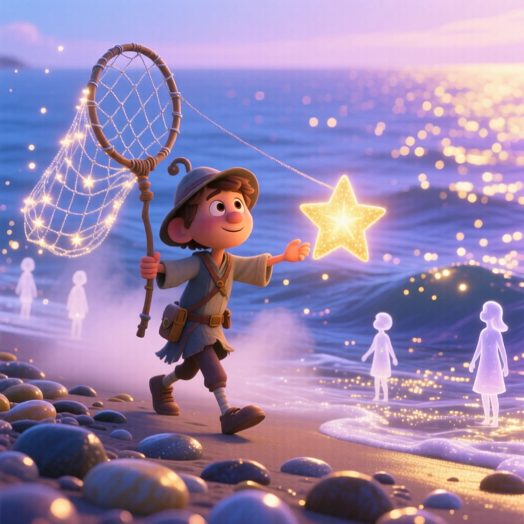 A star-catcher with a glowing net stands on the shore of a sea made of stardust, guiding lost travelers with a soft glow. A gentle sense of wonder radiates through the air, with soft glowing light illuminating every surface.