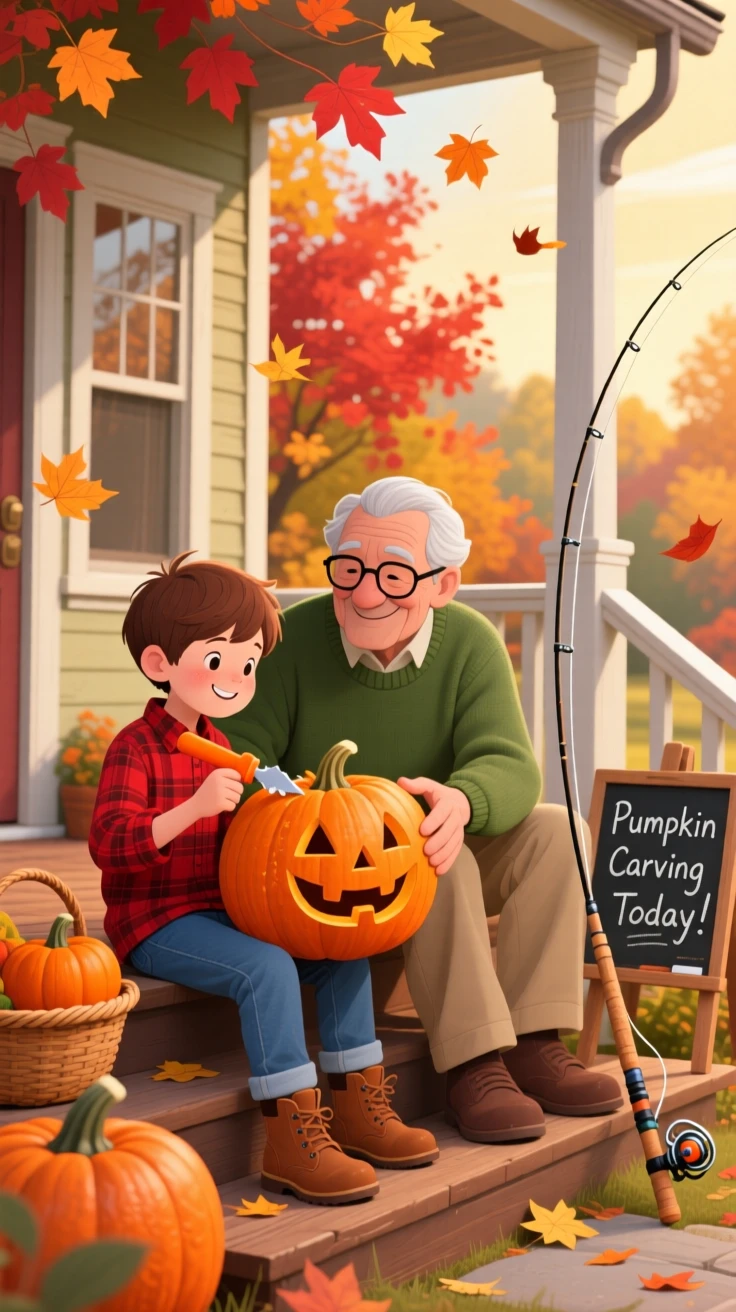 A boy with a fishing rod and his grandfather are carving a jack-o'-lantern on the porch, as autumn leaves swirl around them.